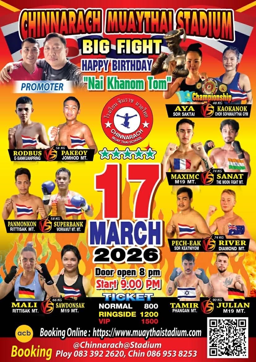Muay Thai Fight Night at Chinnarach Stadium, Koh Phangan on 17 March 2026 — buy tickets online