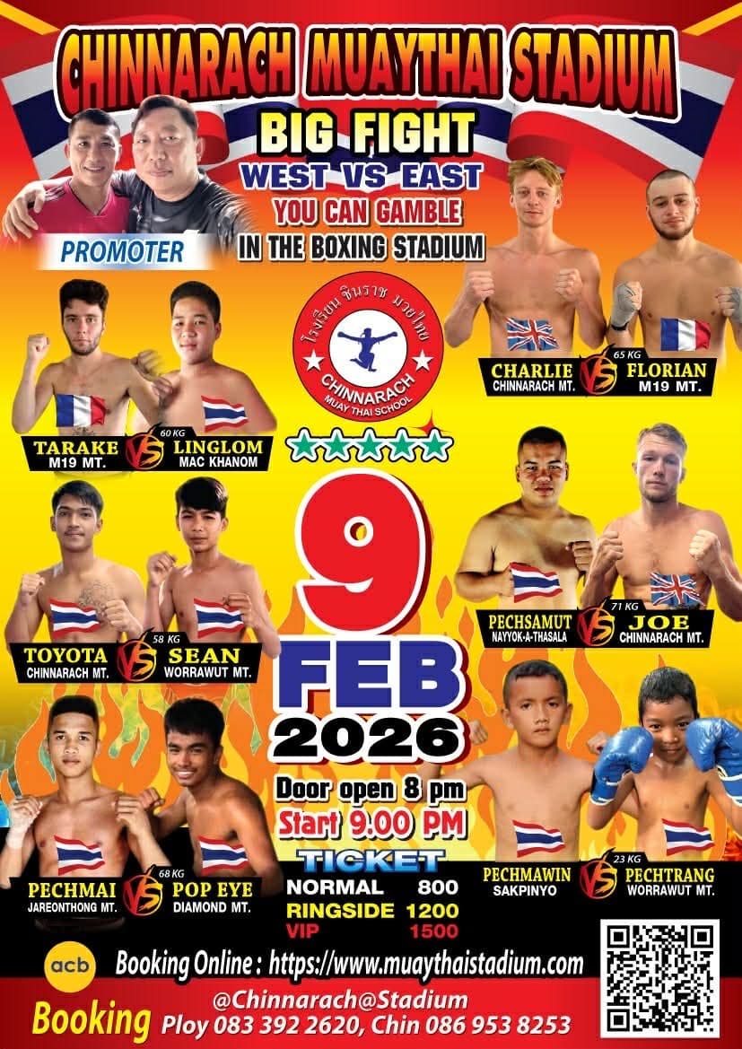 Muay Thai Fight Night at Chinnarach Stadium, Koh Phangan on 9 February 2026 — buy tickets online