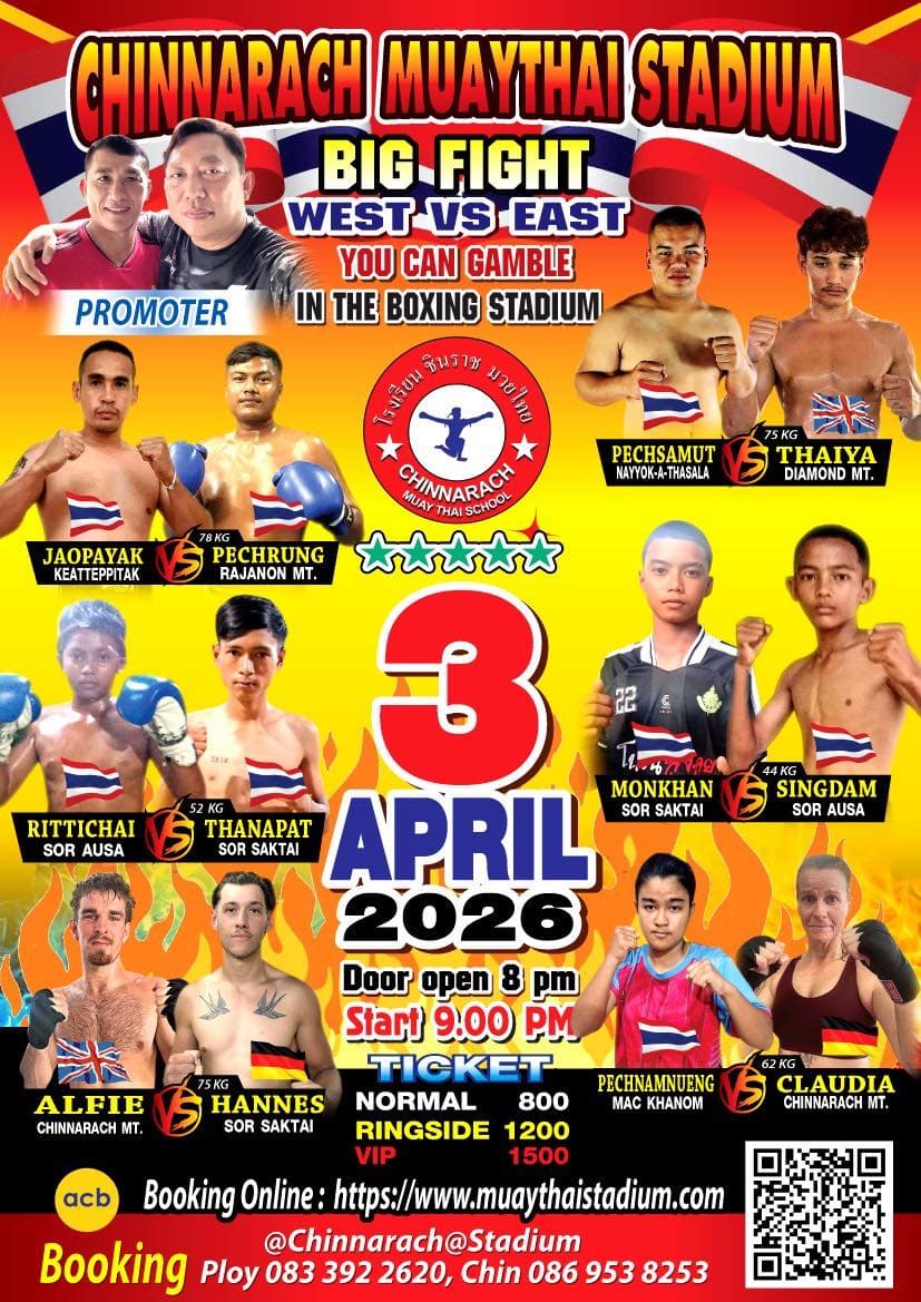 Muay Thai Fight Night at Chinnarach Stadium, Koh Phangan on 3 April 2026 — buy tickets online