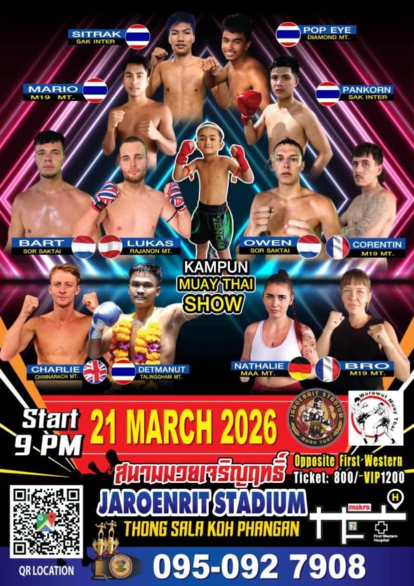 Muay Thai Fight Night at Jaroenrit Stadium, Koh Phangan on 21 March 2026 — buy tickets online