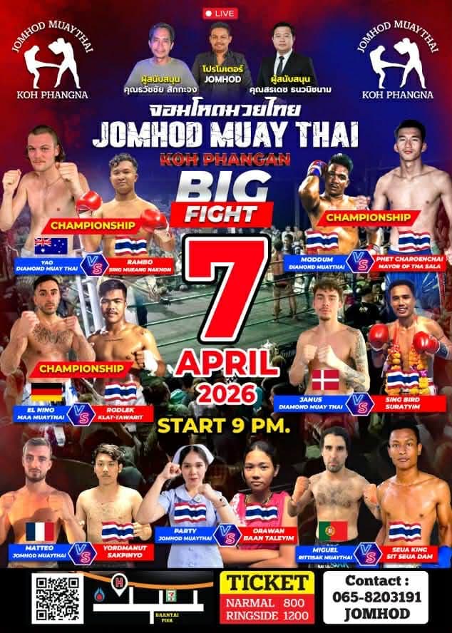 Muay Thai Fight Night at Jomhod Stadium, Koh Phangan on 7 April 2026 — buy tickets online