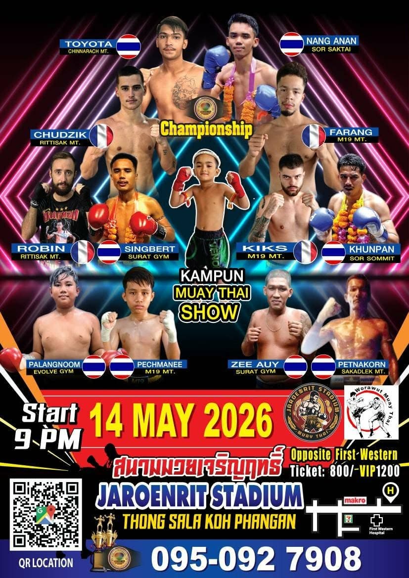 Muay Thai Fight Night at Jaroenrit Stadium, Koh Phangan on 14 May 2026 — buy tickets online