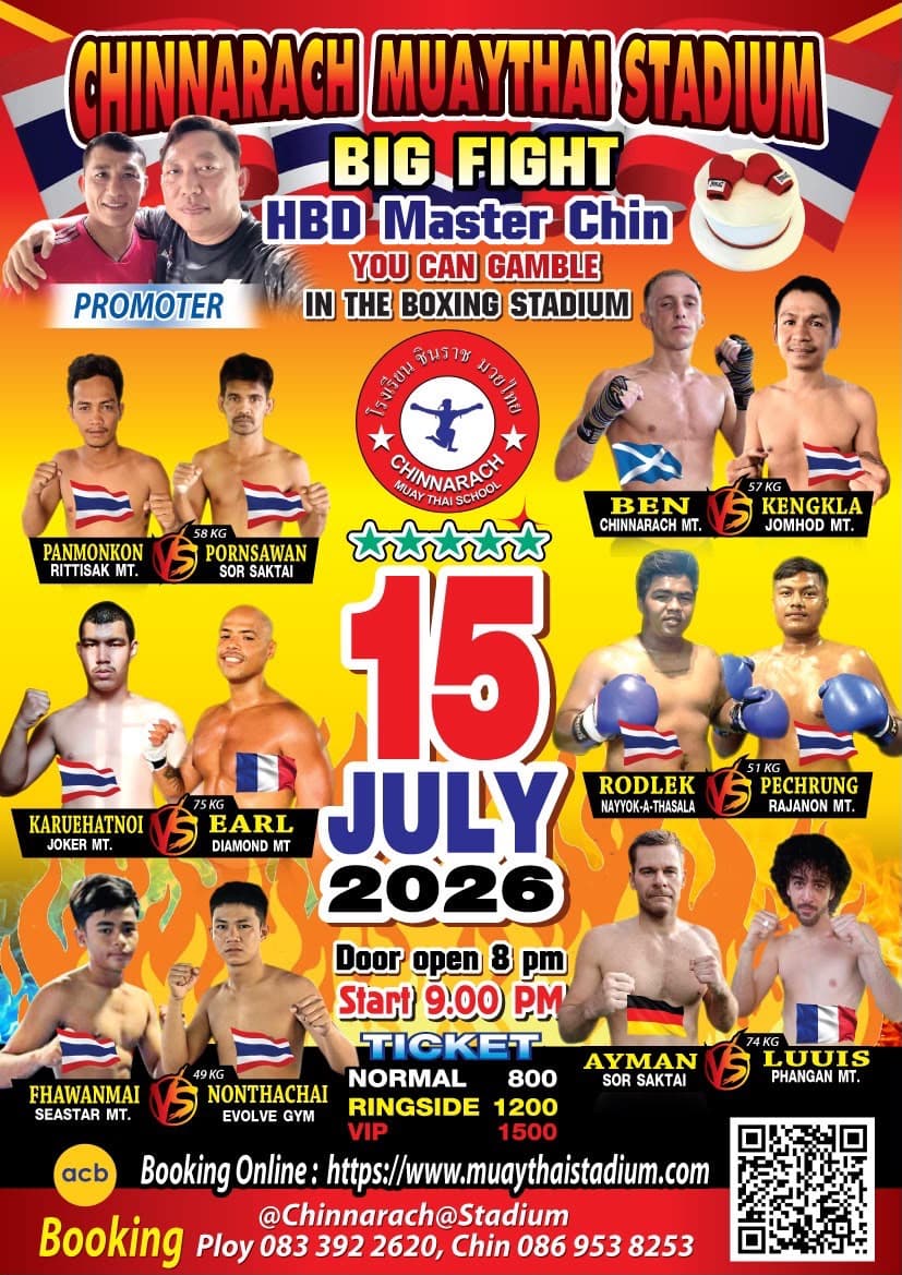 Muay Thai Fight Night at Chinnarach Stadium, Koh Phangan on 15 July 2026 — buy tickets online