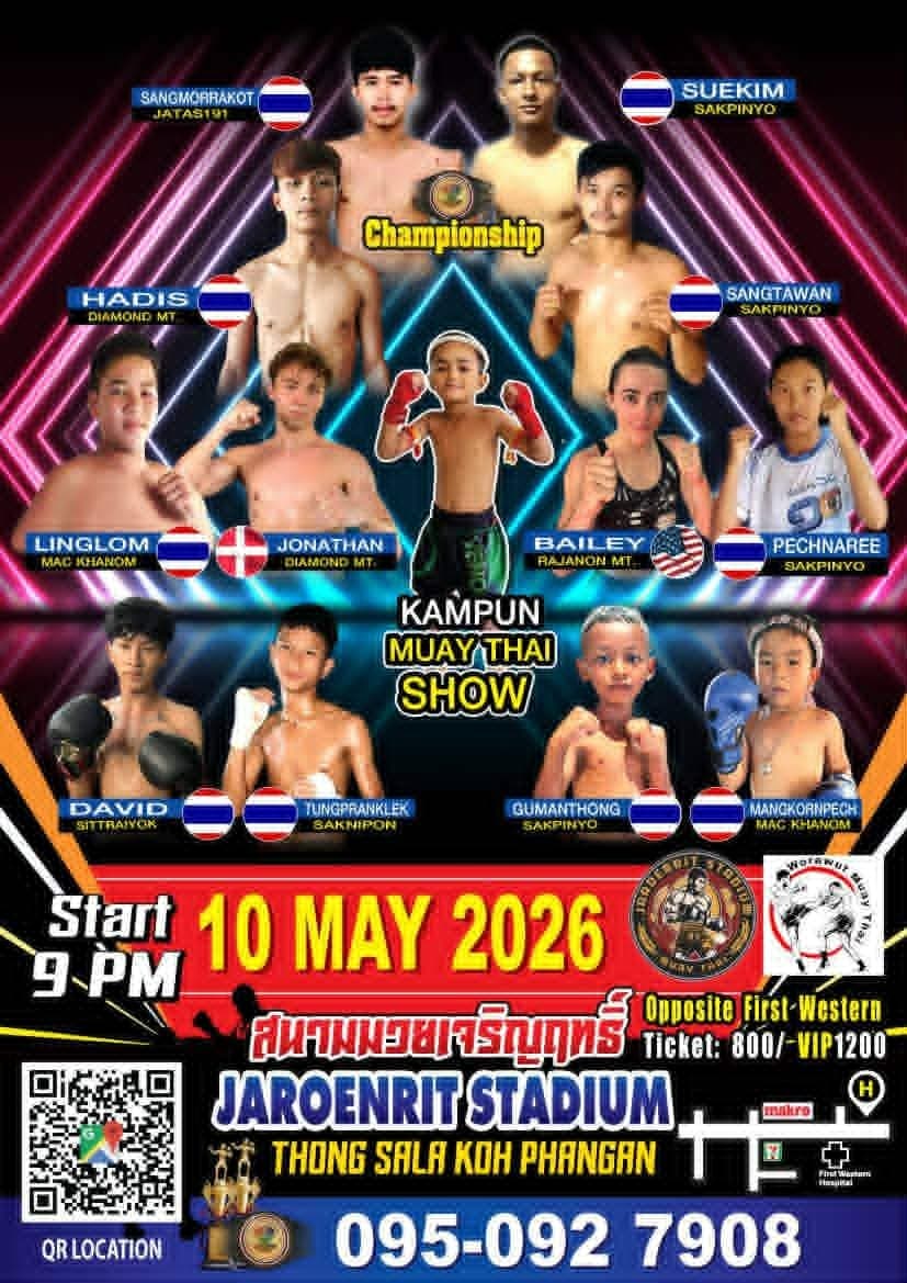Muay Thai Fight Night at Jaroenrit Stadium, Koh Phangan on 10 May 2026 — buy tickets online