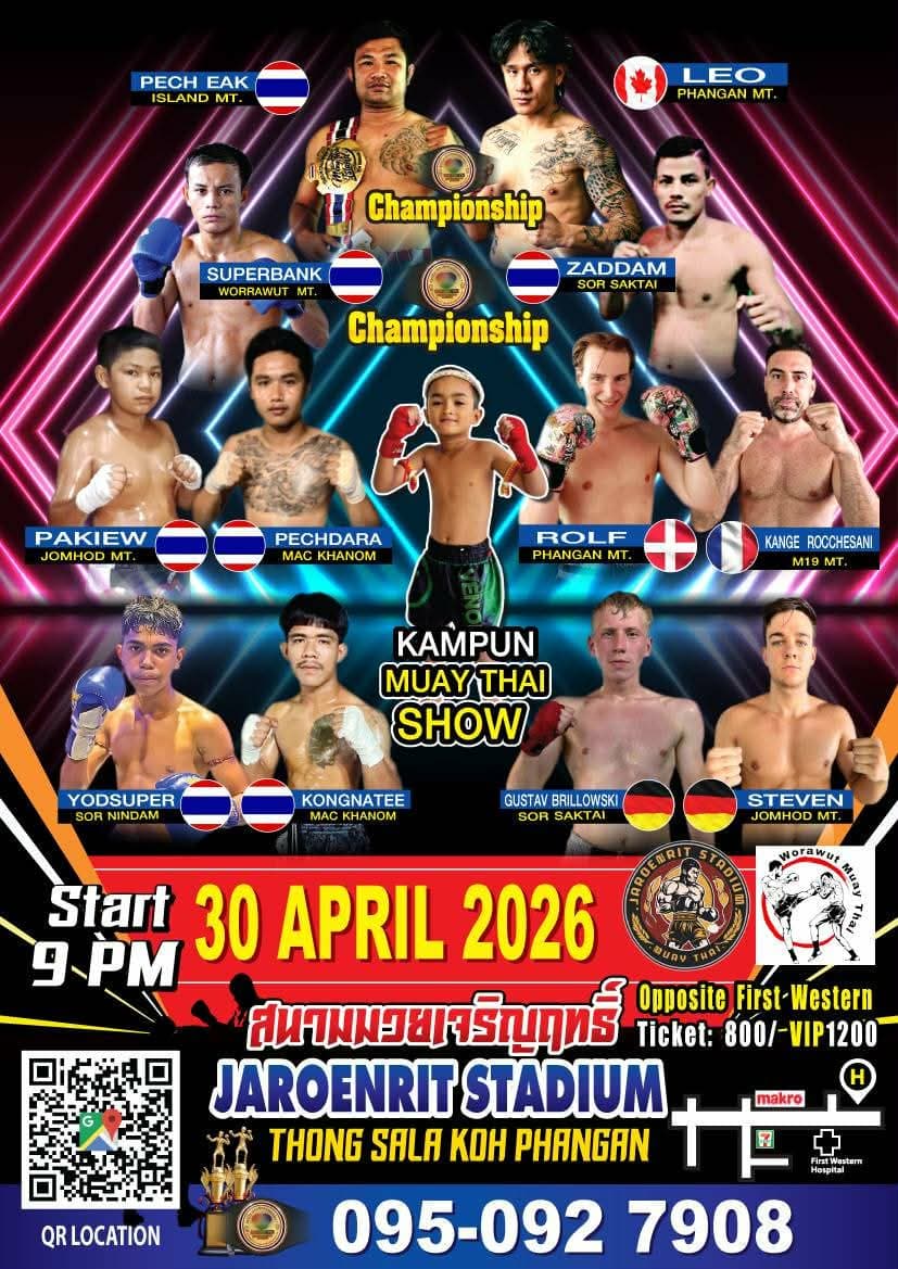 Muay Thai Fight Night at Jaroenrit Stadium, Koh Phangan on 30 April 2026 — buy tickets online