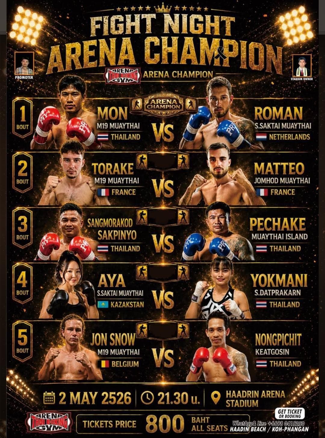 Muay Thai Fight Night at Haad Rin Arena, Koh Phangan on 2 May 2026 — buy tickets online